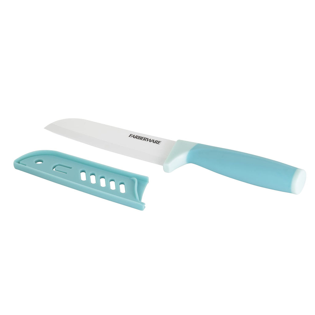 5-Inch Aqua Ceramic Santoku Knife w/ Blade Cover & Soft-Grip Handle