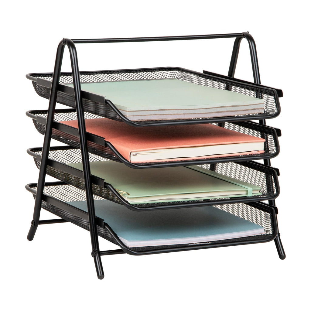Black 4-Tier Paper Tray, Desk Organizer, Metal Mesh, 12L x 13.75W x 12.5H