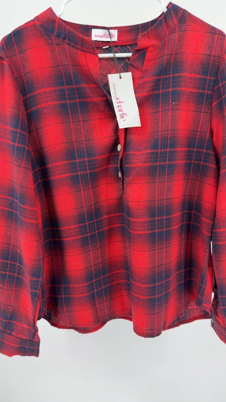 Plaid Half Button Long Sleeve Blouse