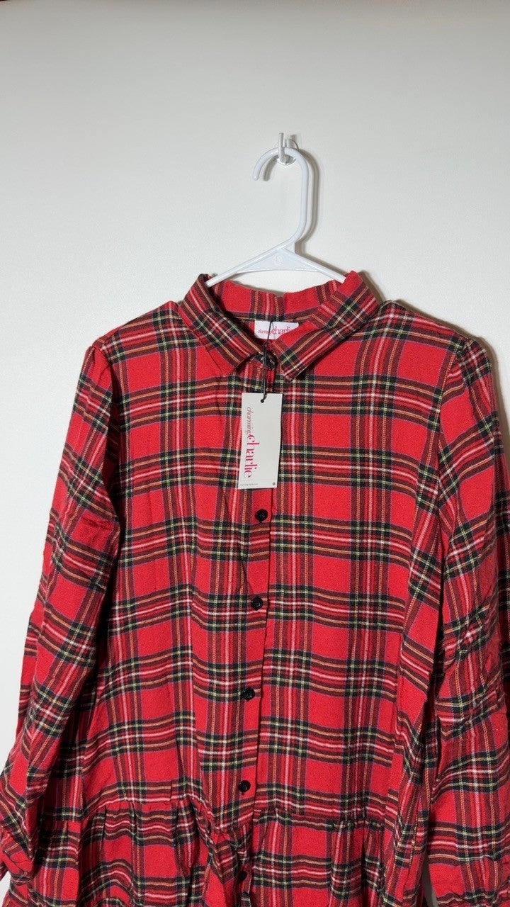 Ruffle Hem Plaid Button Down Long Sleeve Dress