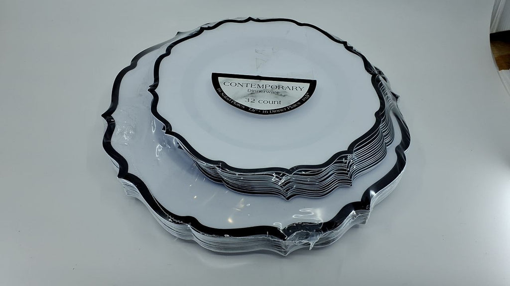Elegant 32 White Plates w/ Black Rim - 7.5" & 10.5" - Durable Ceramic