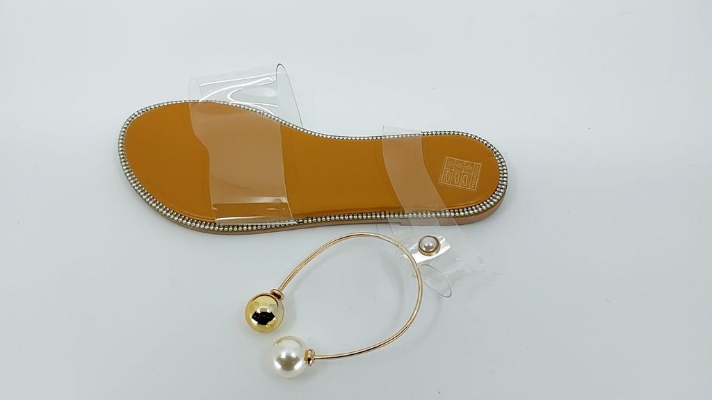 Lightweight Women's Flat Sandals Clear Straps Pearl Decor Apricot 5.5