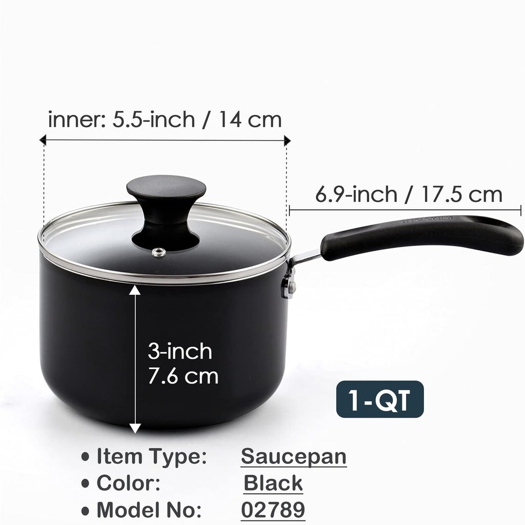 Nonstick Sauce Pan 1 Quart w/ Glass Lid, Black Aluminum Cookware