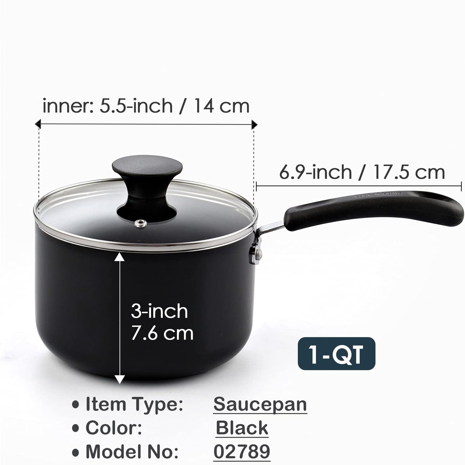 Nonstick Sauce Pan 1 Quart w/ Glass Lid, Black Aluminum Cookware