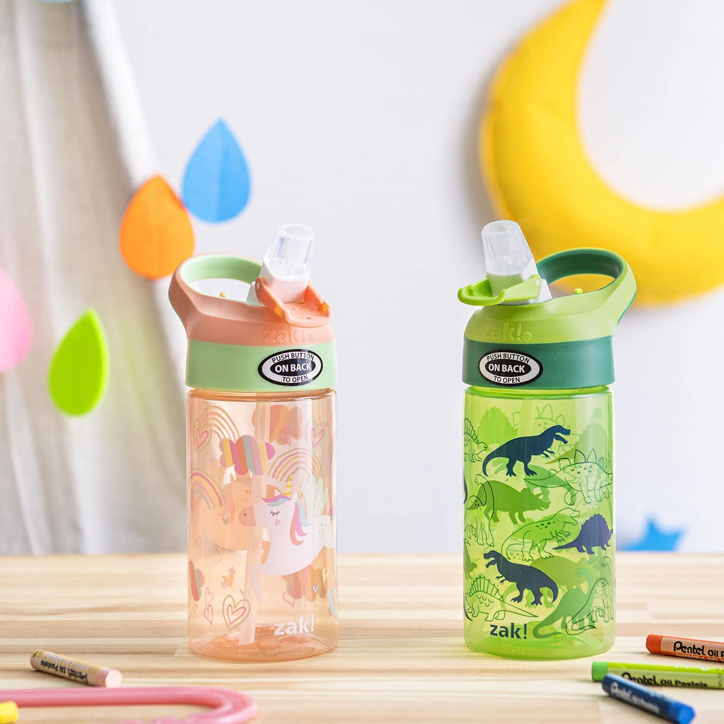 Reusable 16oz Kids Water Bottles, Unicorn & Dino Camo, Built-in Loop, 2 Pack