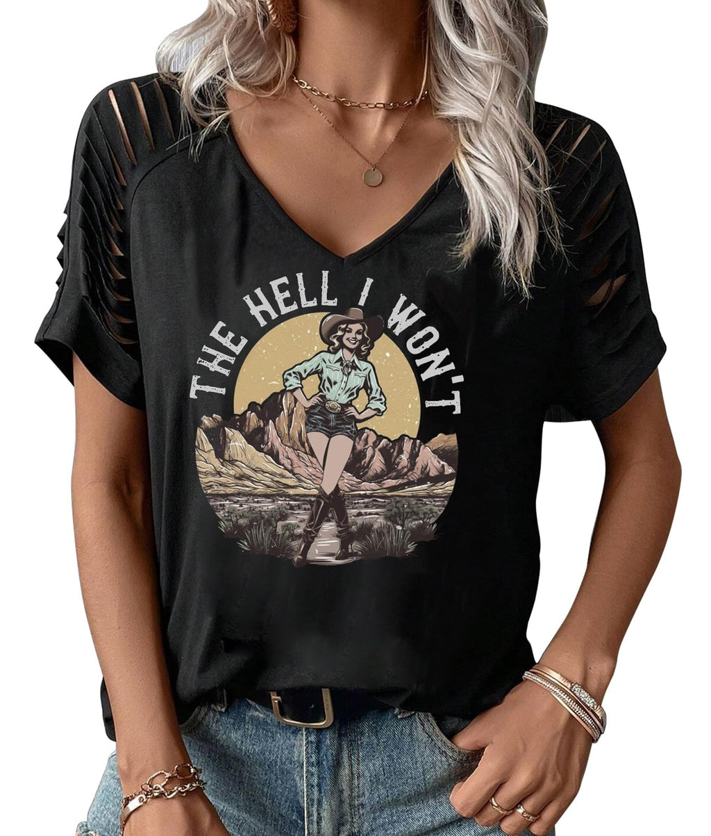 Womens Summer V-Neck Cowgirl Graphic T-Shirt The Hell I Won't Black L