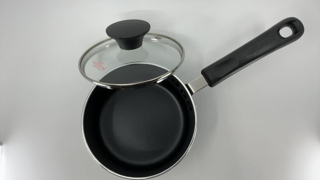 Nonstick Sauce Pan 1 Quart w/ Glass Lid, Black Aluminum Cookware