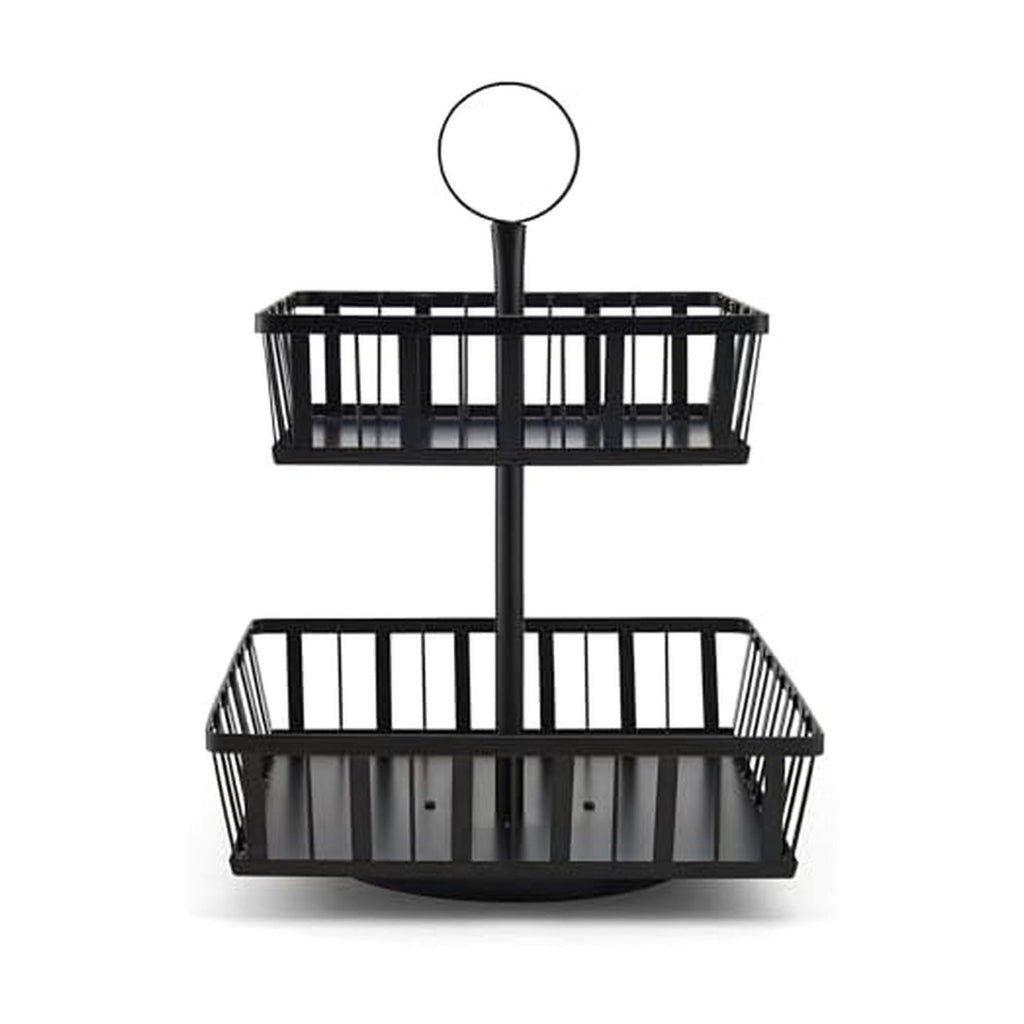 Rotating 2-Tier Storage Basket, Black Carbon Steel, Kitchen & Bathroom Use