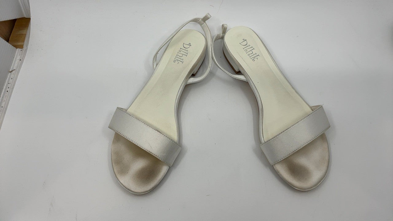 Bridal Satin Flats Sandals, Open Toe, Pearl Detail, Ivory, Size 8.5