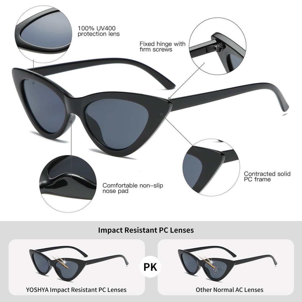YOSHYA Retro Vintage Narrow Cat Eye Sunglasses for Women (Black Grey + Red Grey)
