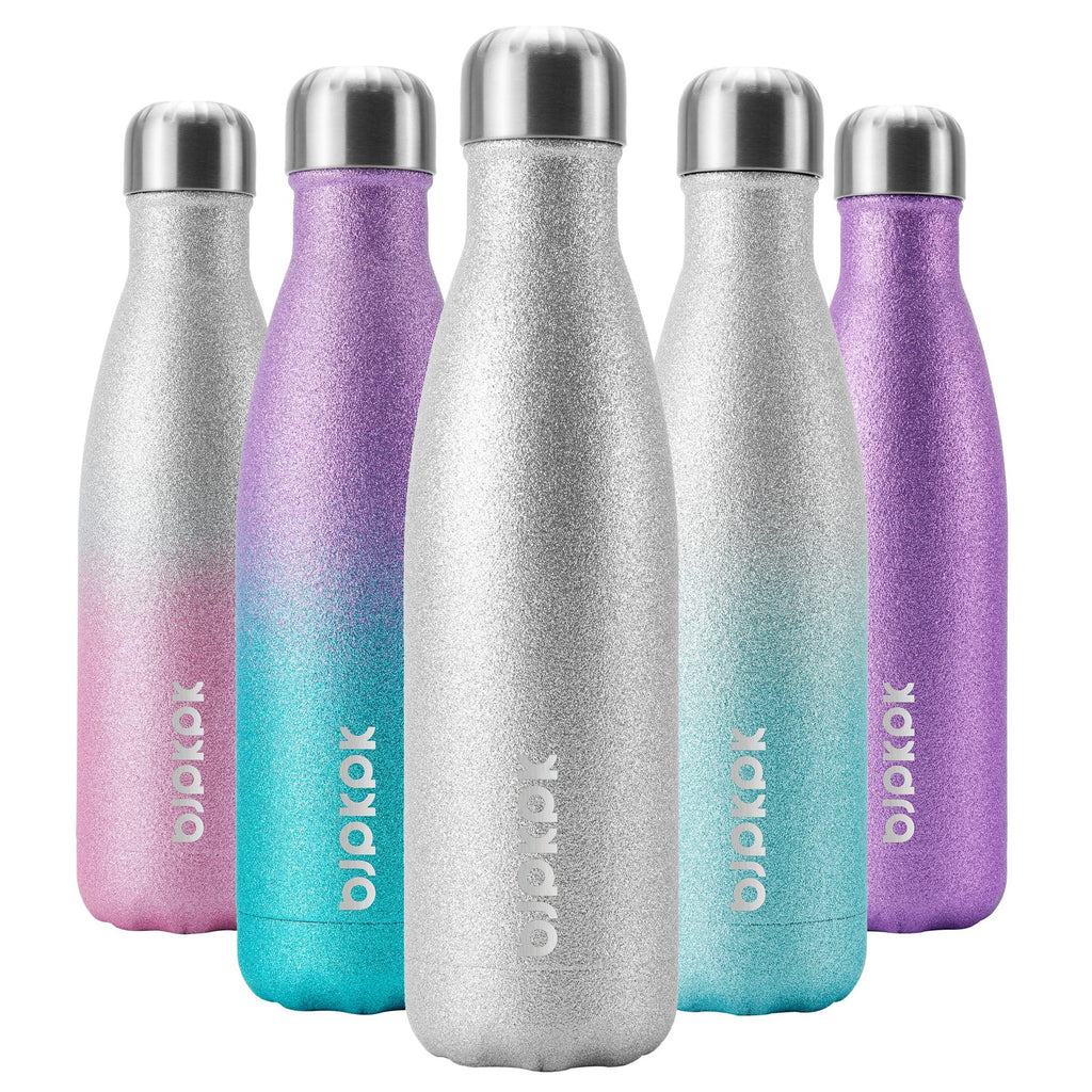 Stainless Steel Sports Water Bottle 17oz, Keeps Cold 24H, Glitter Silver
