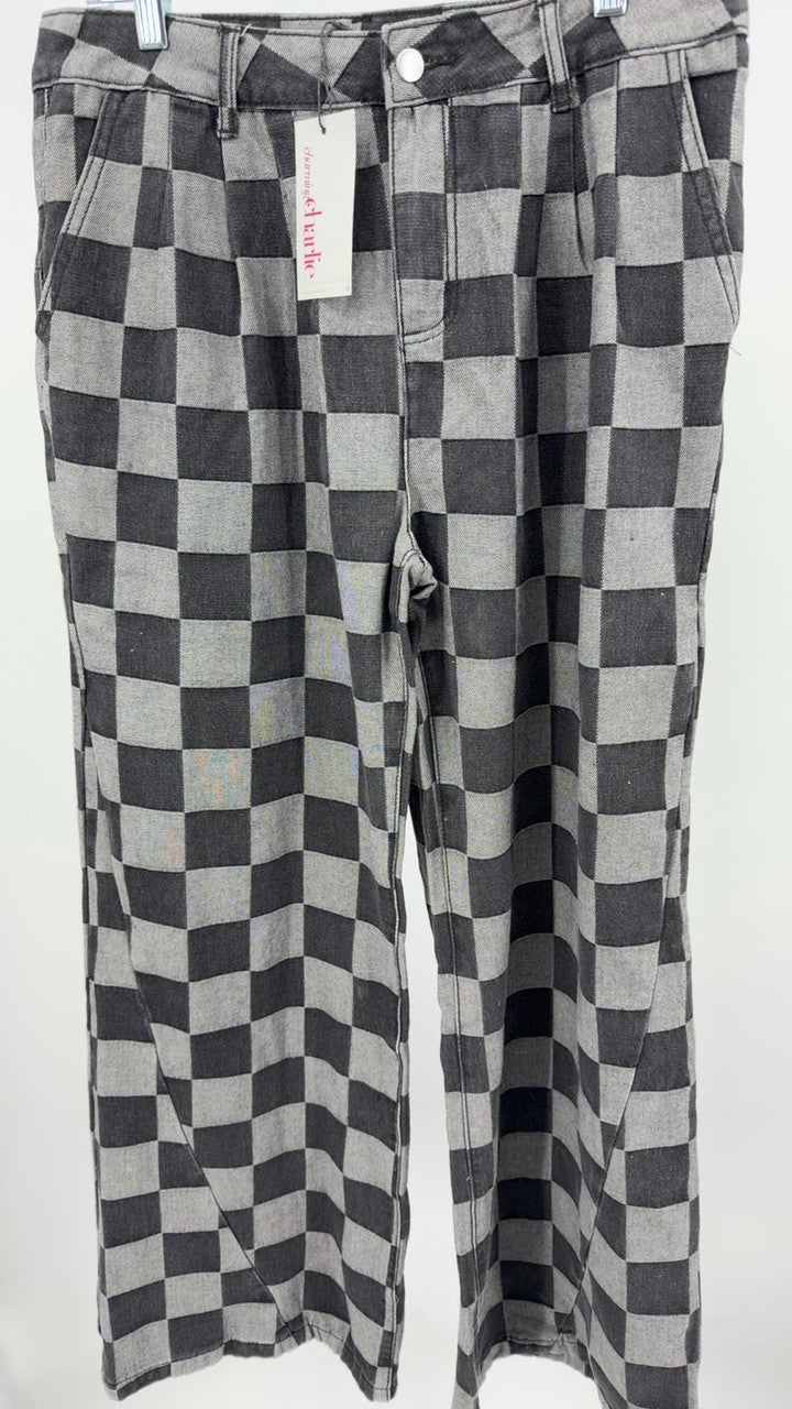 Checkered Wide Leg Jeans with Pockets