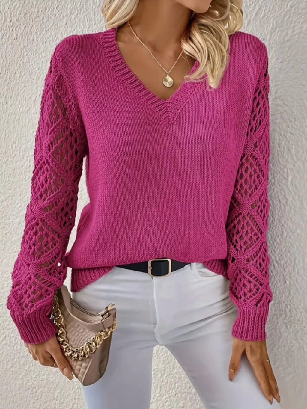 V-Neck Crochet Sleeve Sweater