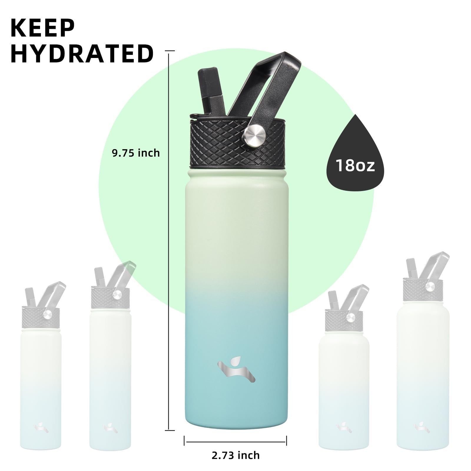 Konokyo 18 Oz Stainless Steel Insulated Bottle Mint Color w/ 3 Lids