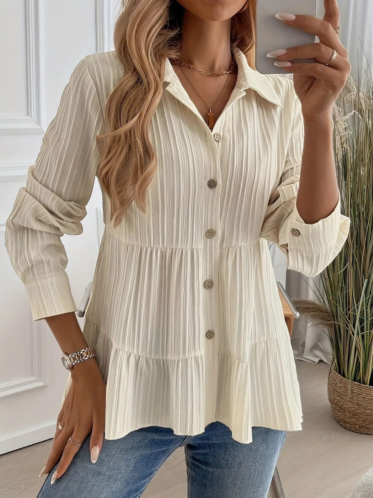 Striped Button-Down Tiered Shirt