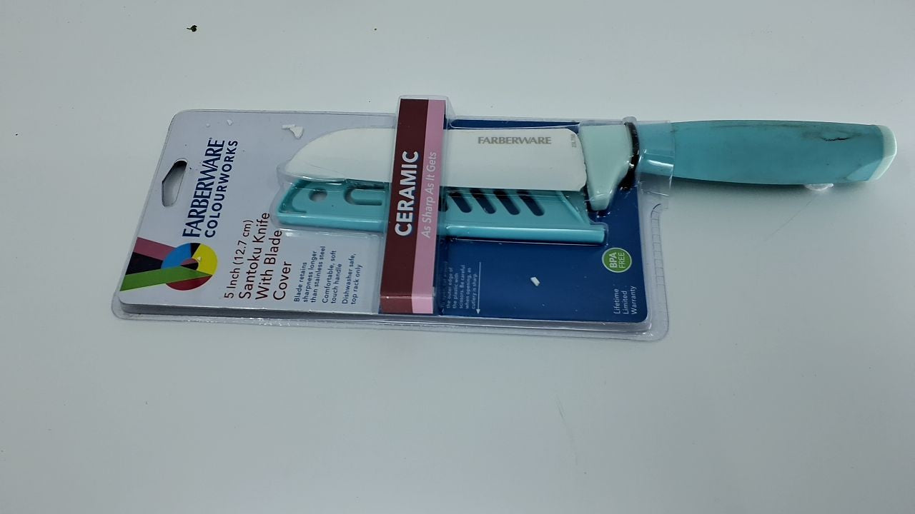5-Inch Aqua Ceramic Santoku Knife w/ Blade Cover & Soft-Grip Handle