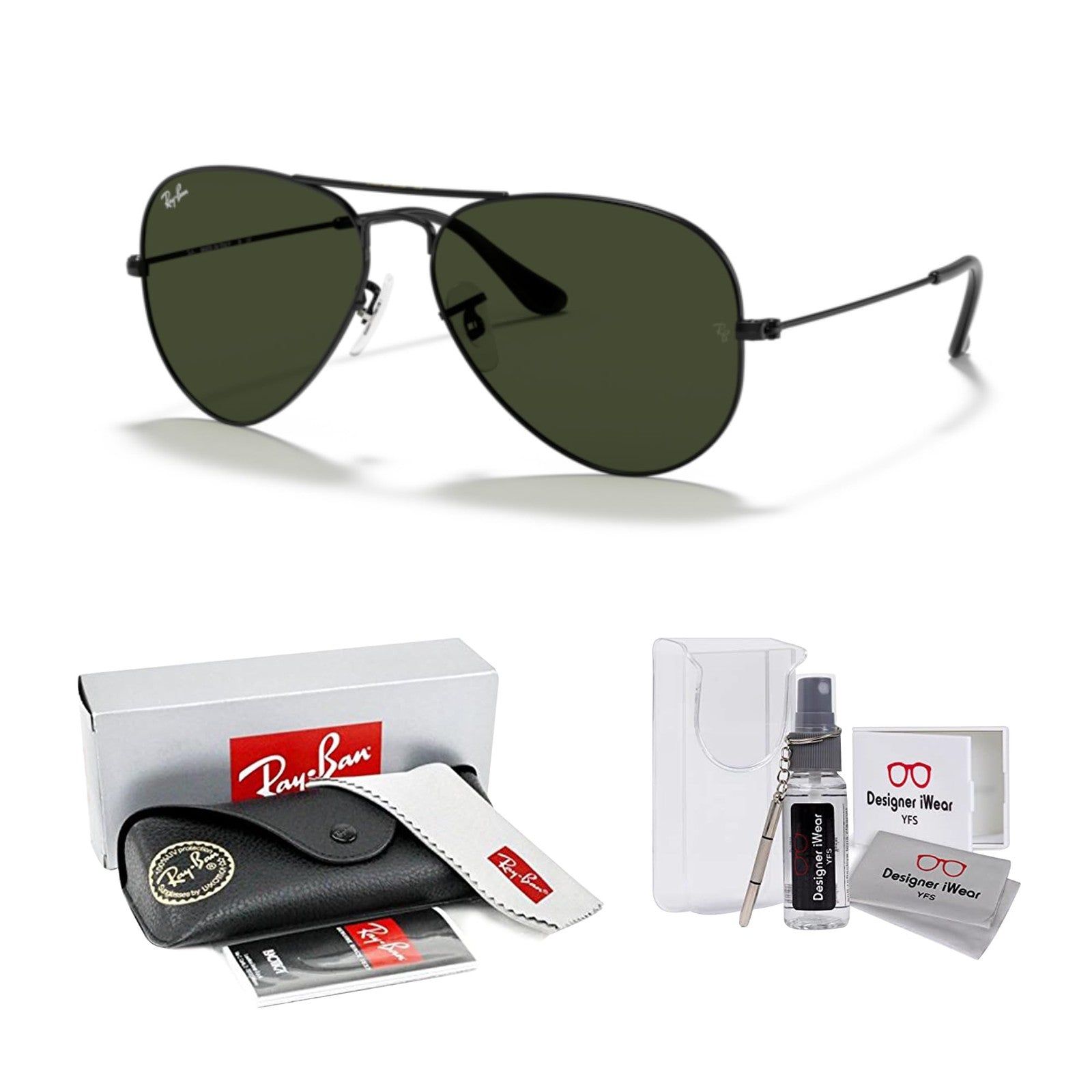 Ray-Ban RB3025 Aviator Metal Sunglasses L2823 Black G-15 Green + Accessories