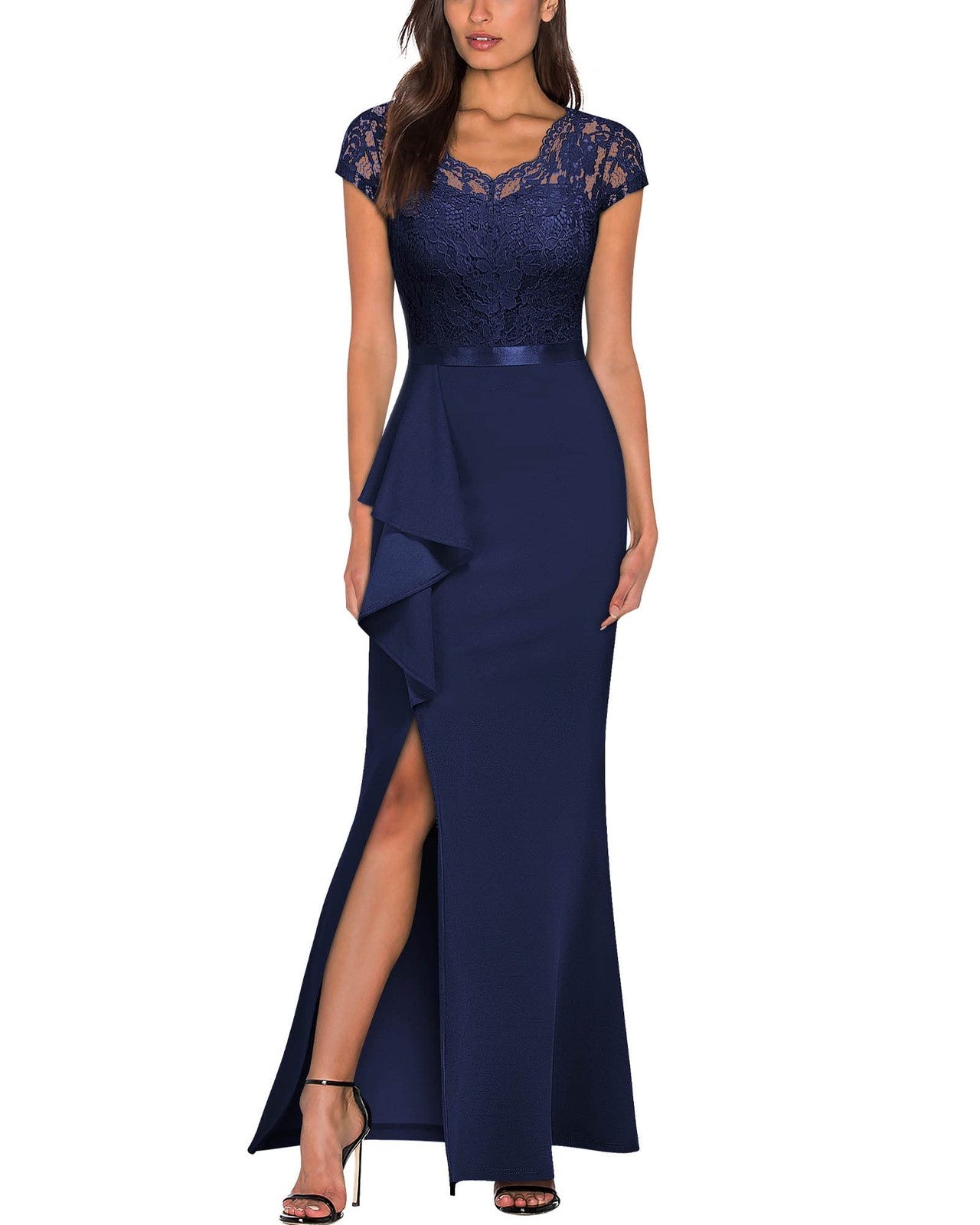 Retro V-Neck Lace Split Evening Dress, XX-Large, Navy Blue