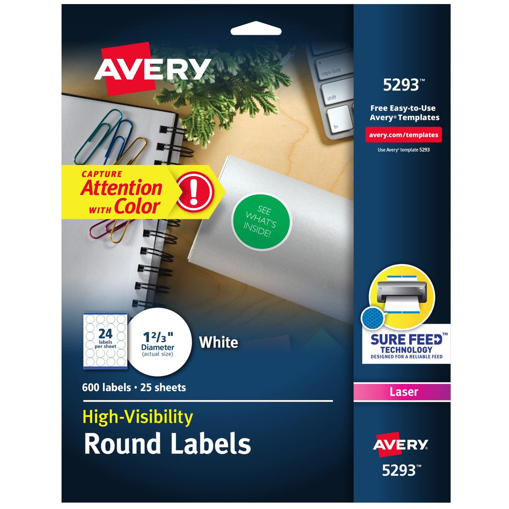 High Visibility Round Labels, 1-2/3" Diameter, White, 600 Labels