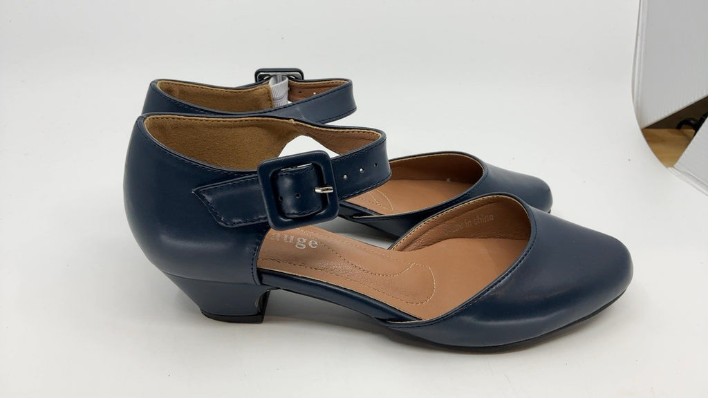 Enelauge Women's Matte Navy Ankle Strap Low Chunky Heel Pumps 7.5