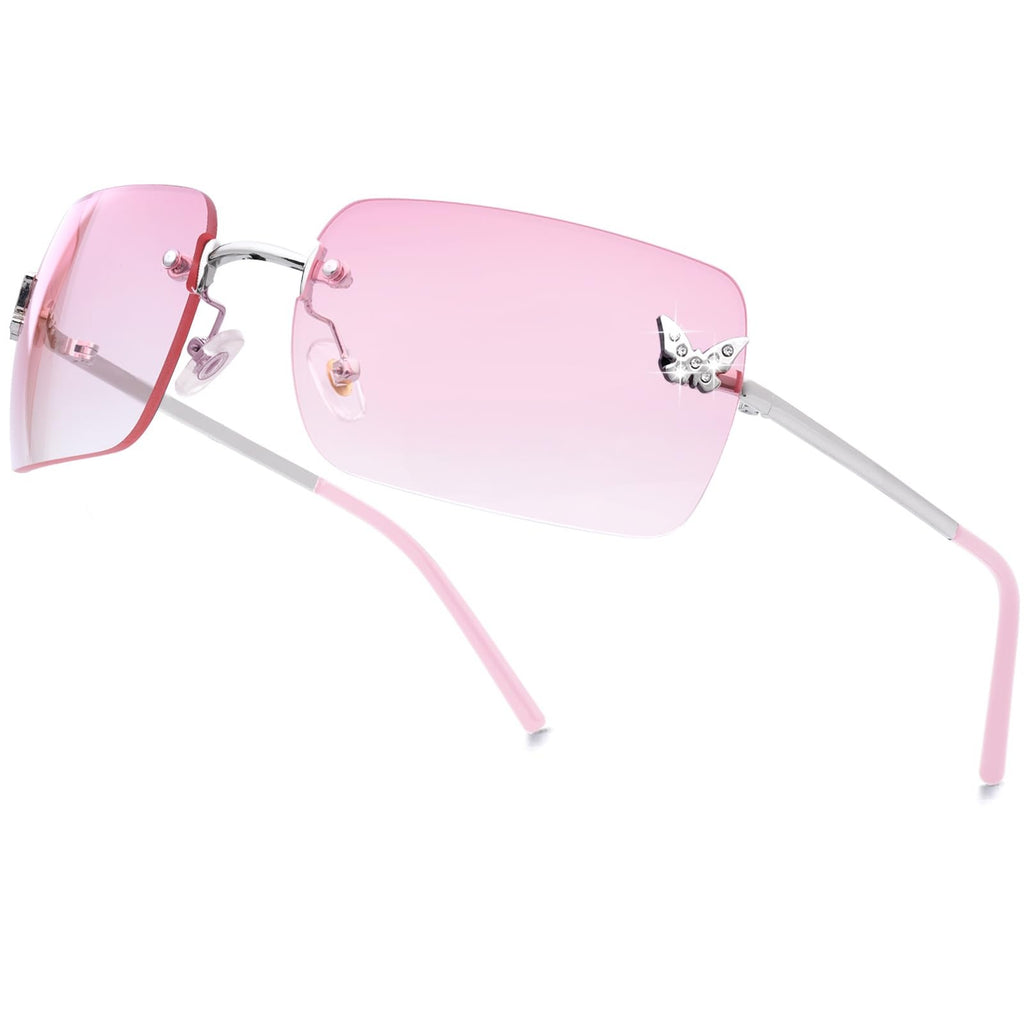 Cute Frameless Y2K Sunglasses - Small Rectangle Pink Lens, Butterfly Design