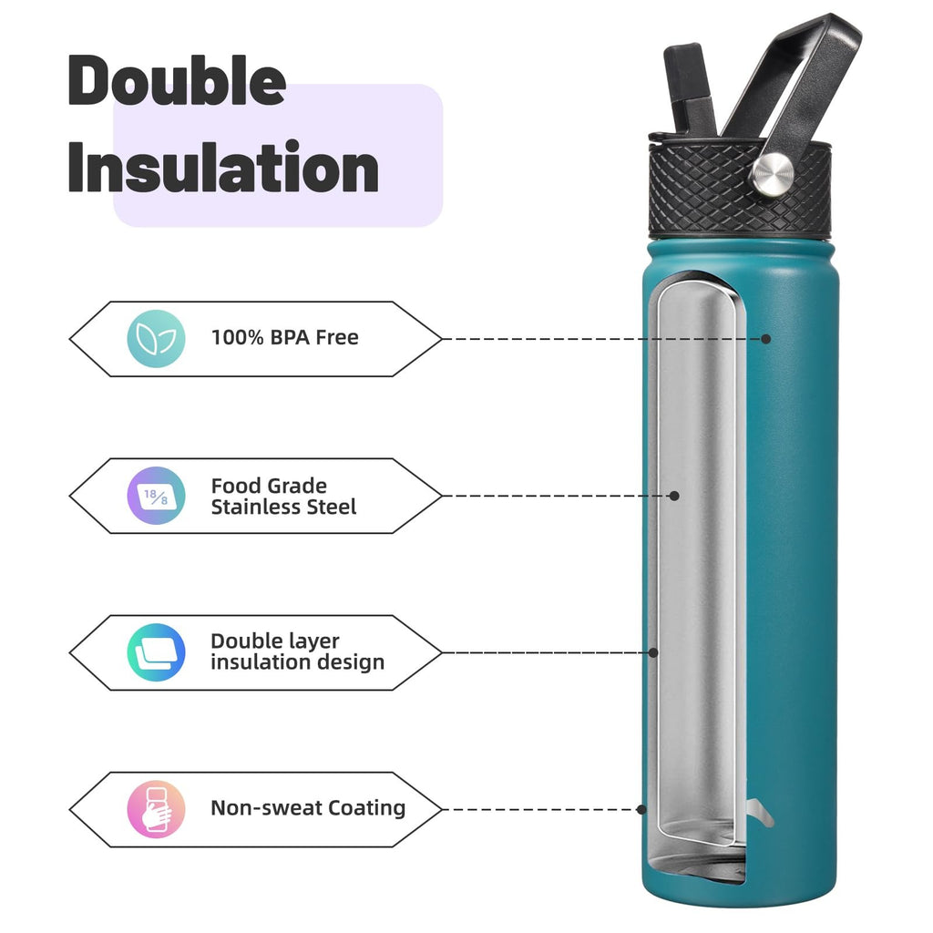 Konokyo 24oz Sport Insulated Water Bottle, Stainless Steel, Light Blue