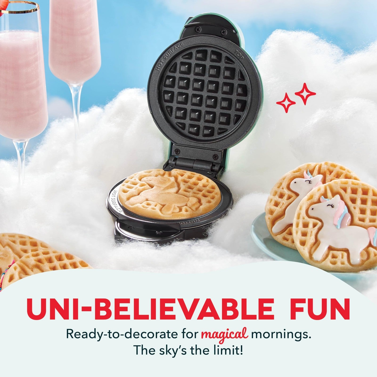 2Pc Nonstick Waffle Plates Set for DASH Mini Maker, Unicorn & Dinosaur