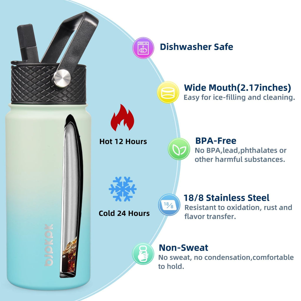 Insulated 18oz Water Bottles, 2 Pack w/ Straw Lids, BPA Free, Army Green