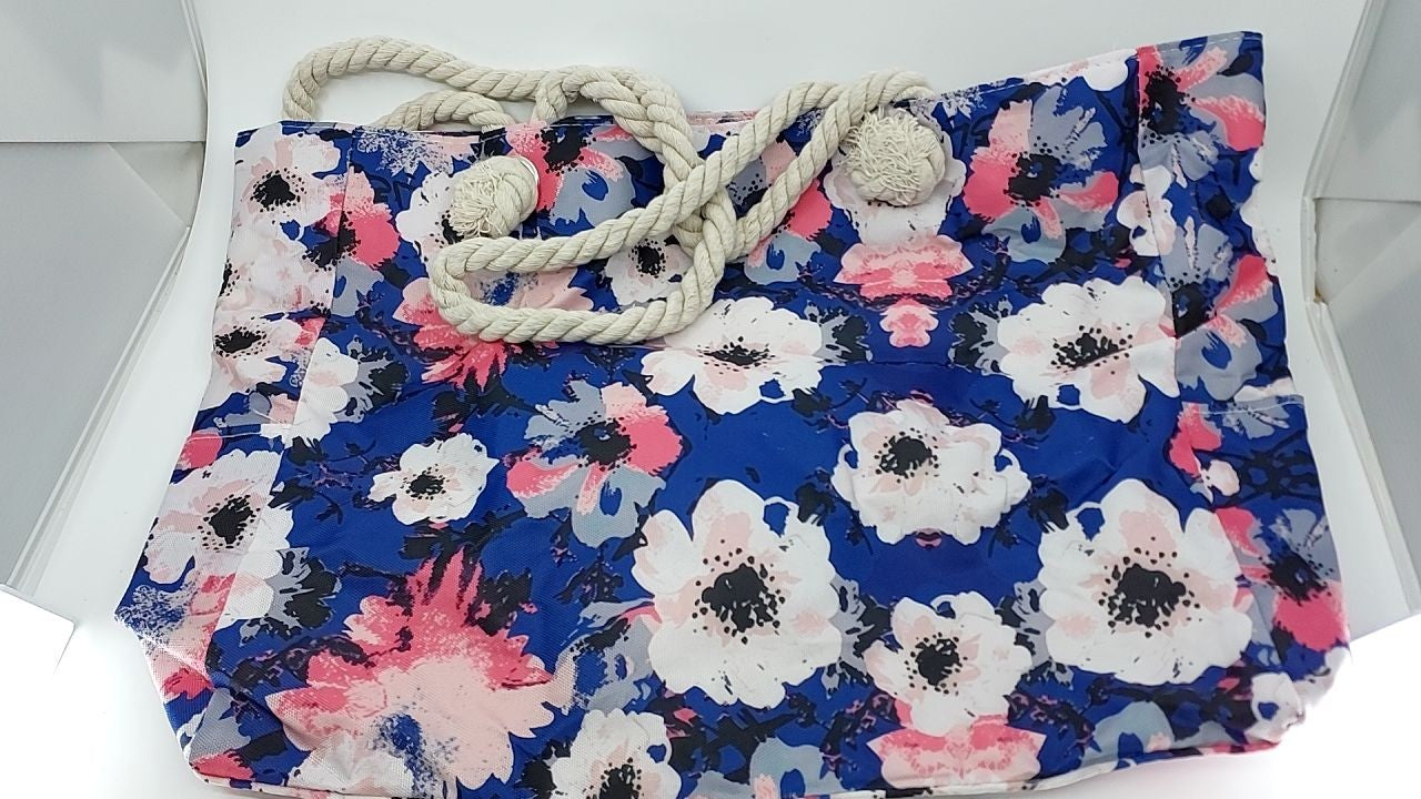 Large Blue & White Beach Tote Bag w/ Zipper Closure & Pockets