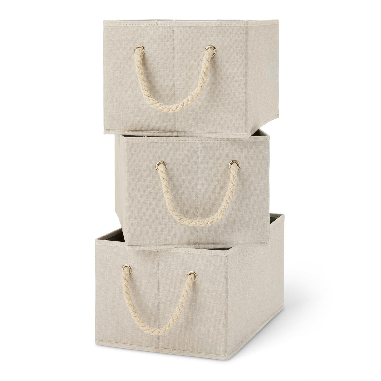 Amazon Basics Foldable Storage Bins with Rope Handles, Linen, Large, Pack of 3