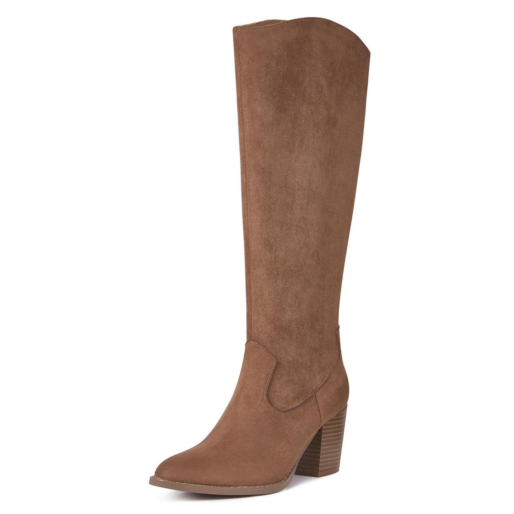 Fashion Knee High Suede Boots for Women Size 10 Brown Chunky Heel