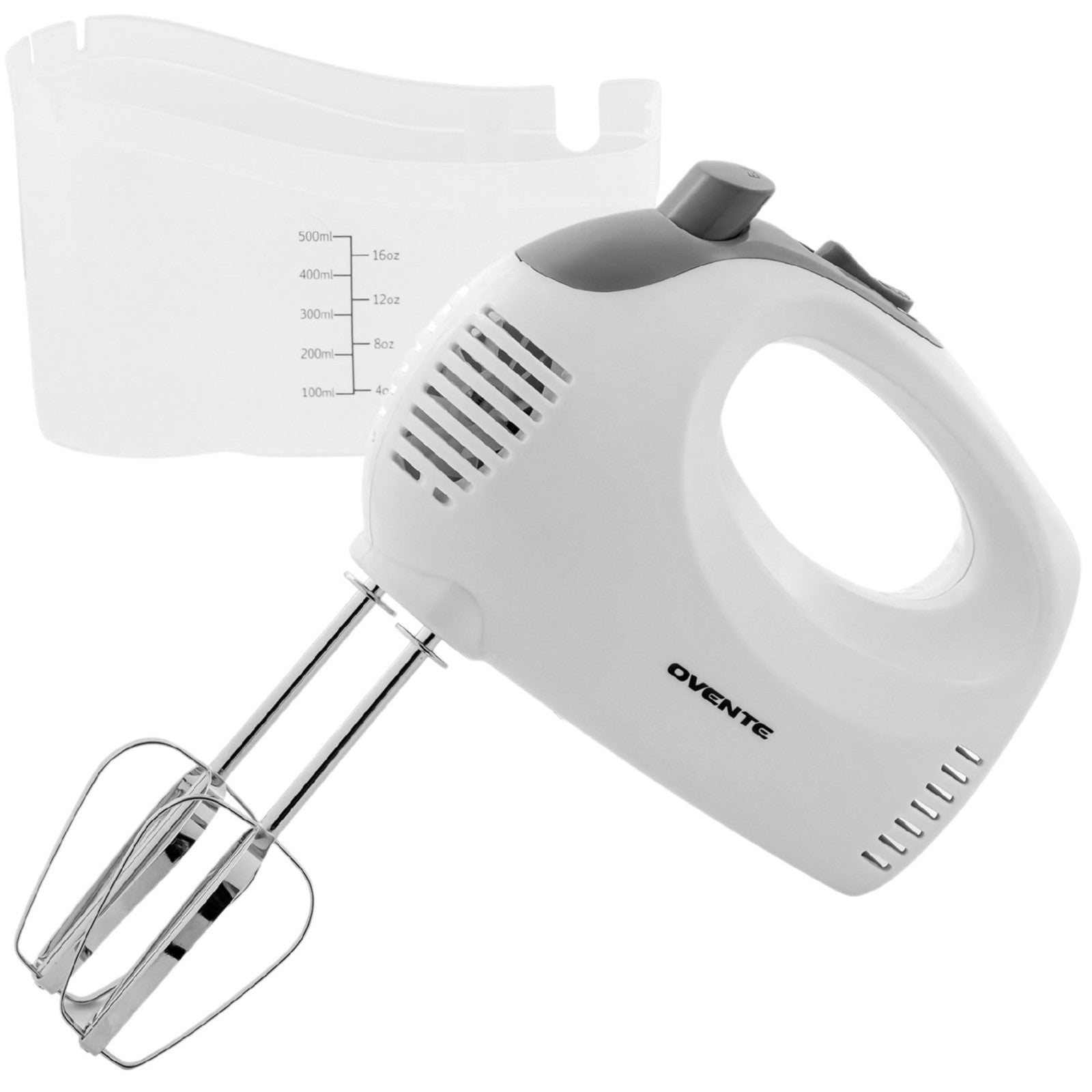 OVENTE 5-Speed Hand Mixer 150W White w/ Storage Case & Whisk Attachments