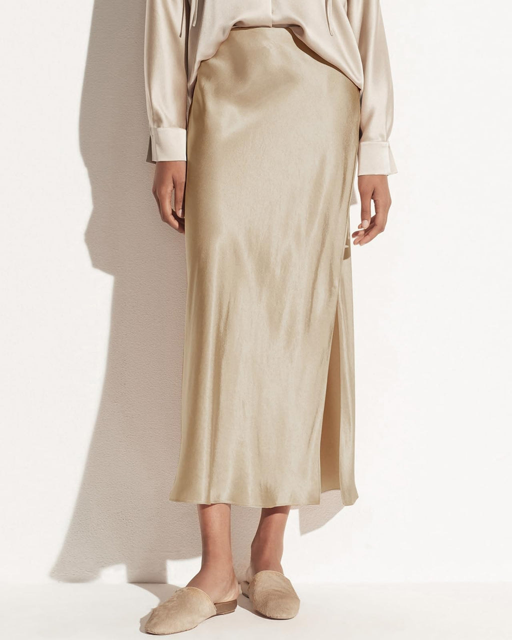 Women's Long Satin Maxi Skirt, High Waisted, Champagne, Size S