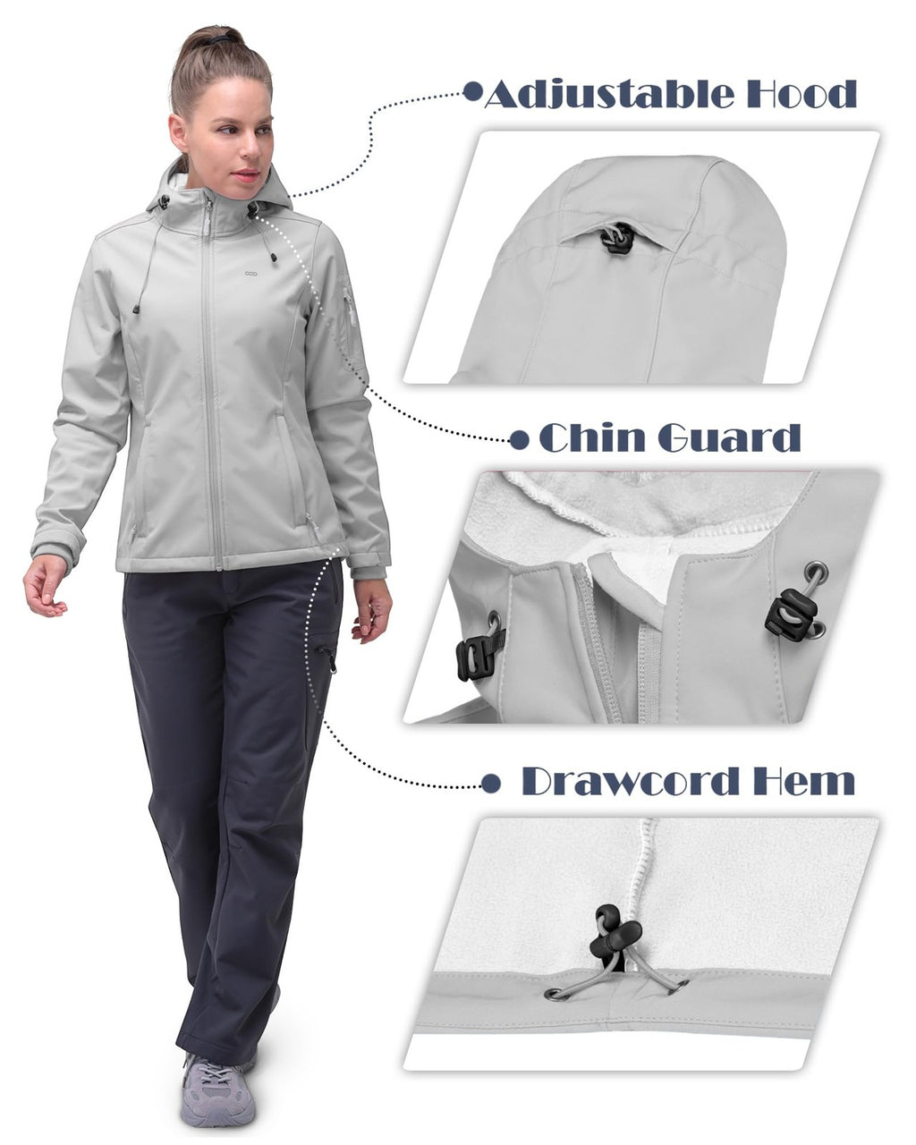 Hooded Women's Softshell Jacket, Fleece Lined, Windproof, Ice Grey, Medium