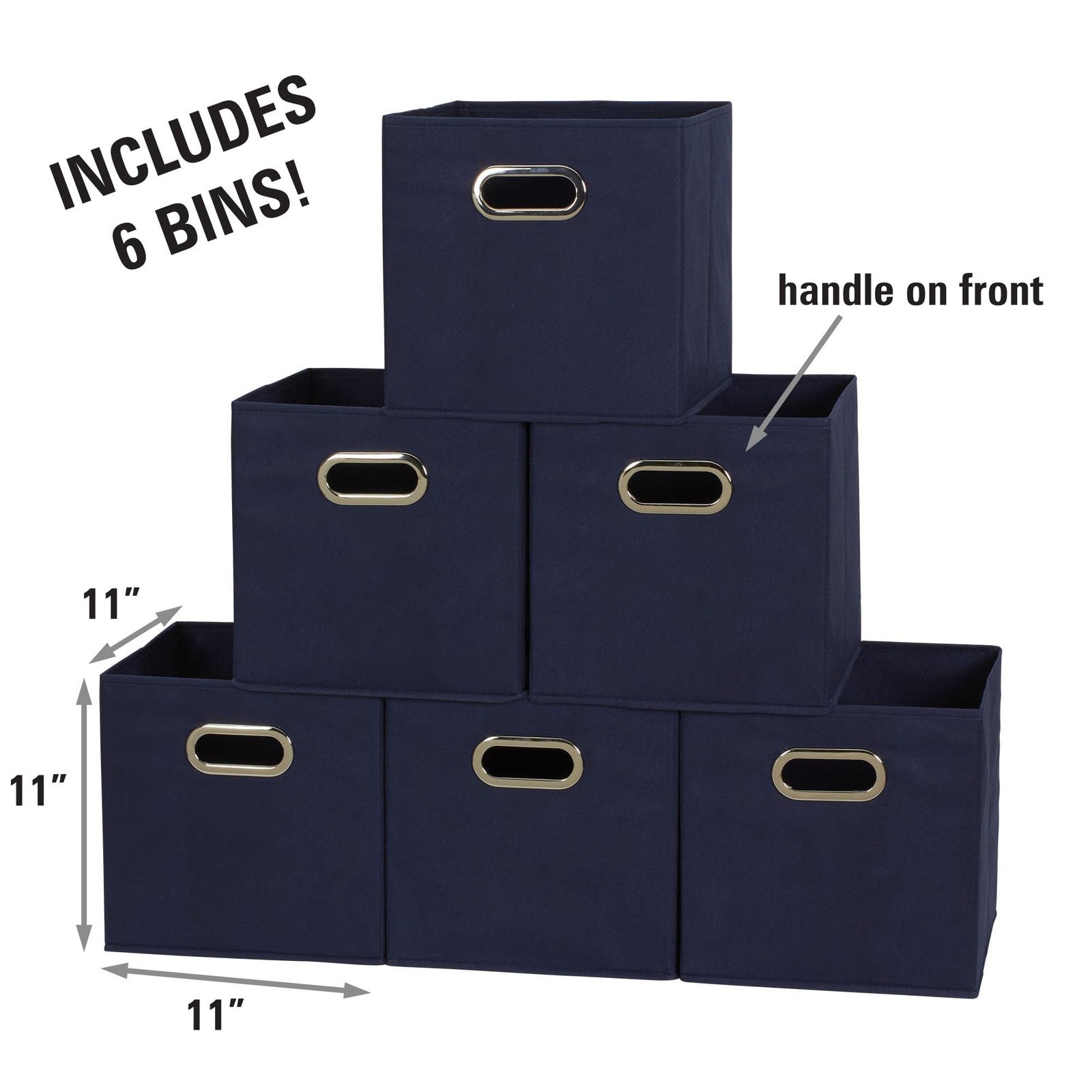 Set of 6 Navy Fabric Storage Bins w/ Handles, 11in - Foldable Cubes