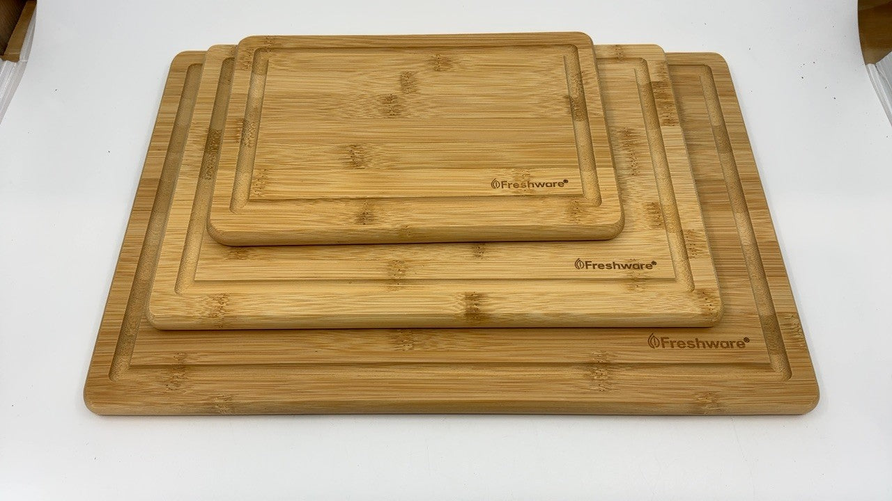 Organic Bamboo Cutting Boards Set of 3, 9x6, 12x8, 15x10, Juice Grooves