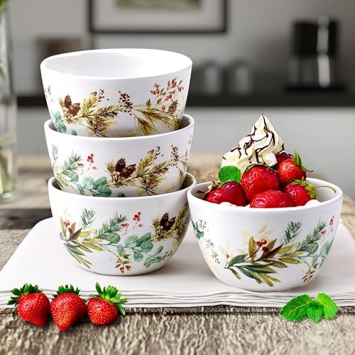 Pinecone & Berry Ceramic Bowls - Set of 4, 22 oz Christmas Serving Bowls