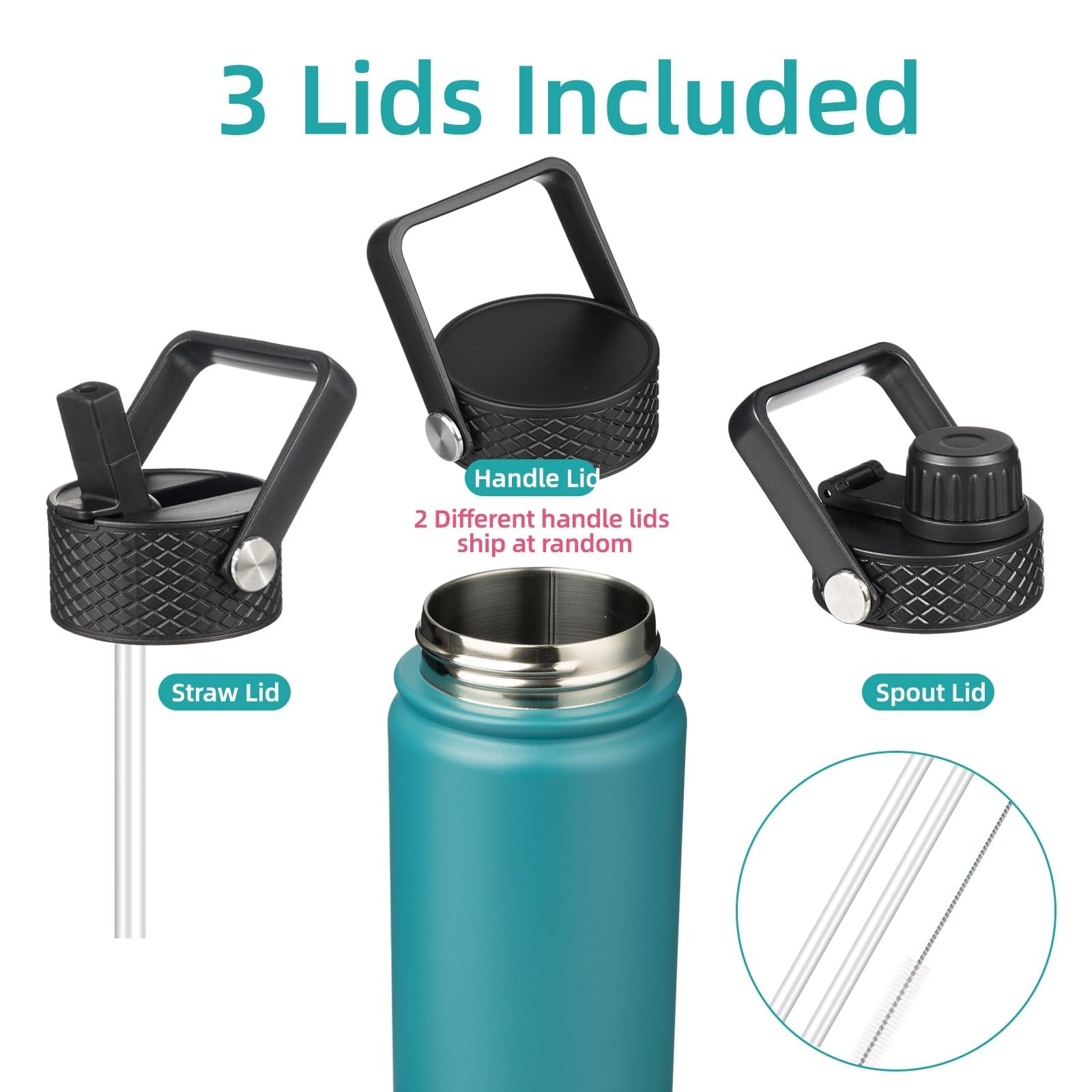 18 Oz Insulated Water Bottle Stainless Steel Light Blue w/ 3 Lids