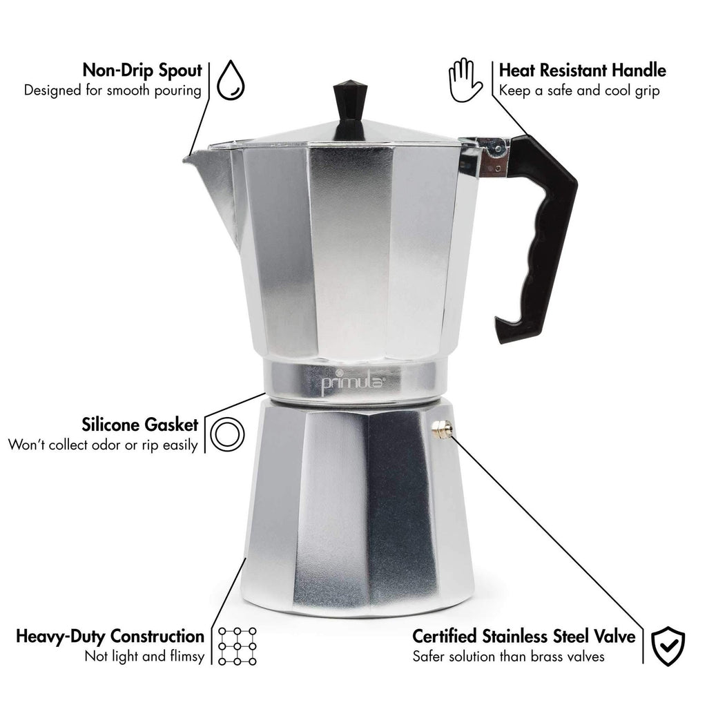 Primula 12-Cup Moka Pot Espresso Maker, Stovetop Coffee Maker, Silver