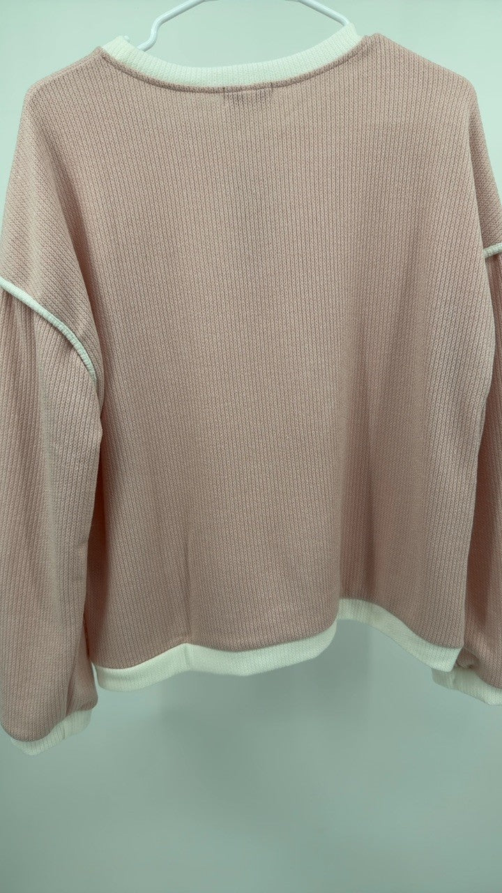Ribbed Contrast Trim Long Sleeve Top