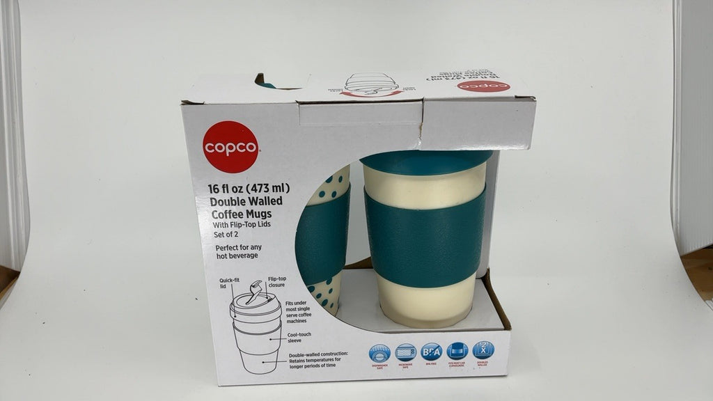Copco Set of 2 Insulated Travel Mugs 16oz White/Teal Double Wall