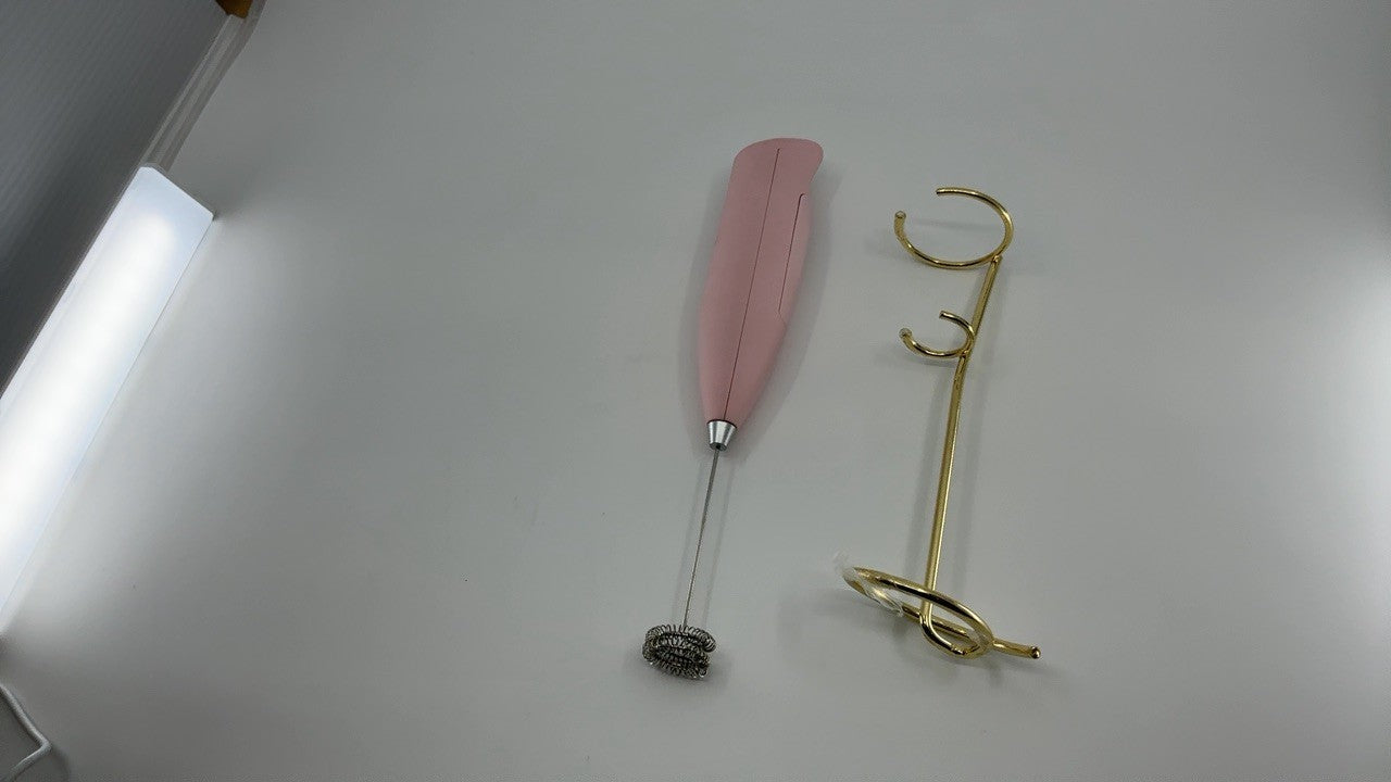 Milk Frother w/ Gold Stand, Electric Handheld, Pink, Double Coil Head