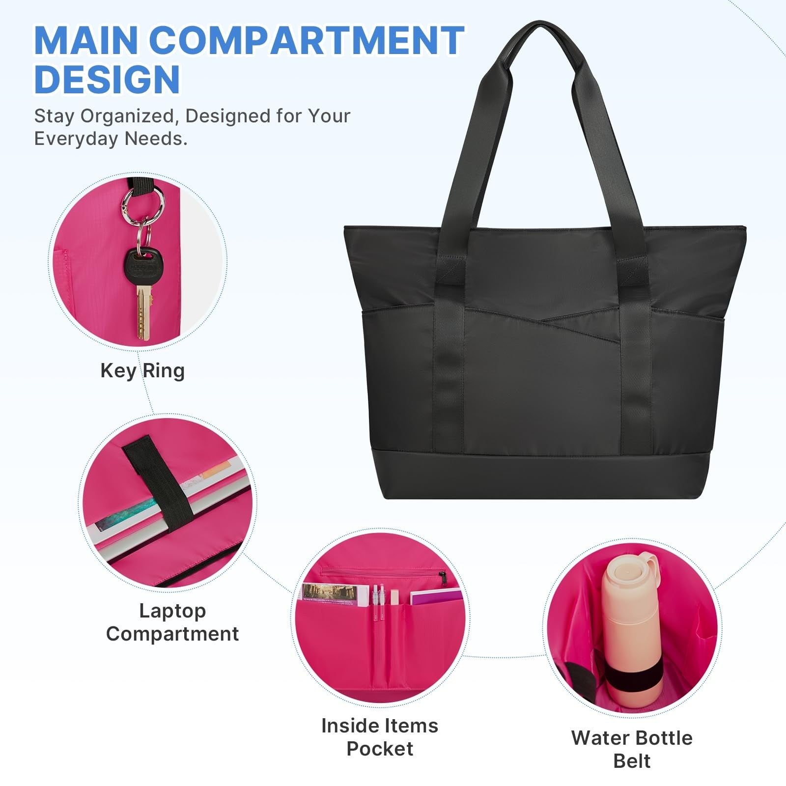 Black Large Tote Bag for Women w/ Laptop Compartment & Trolley Sleeve
