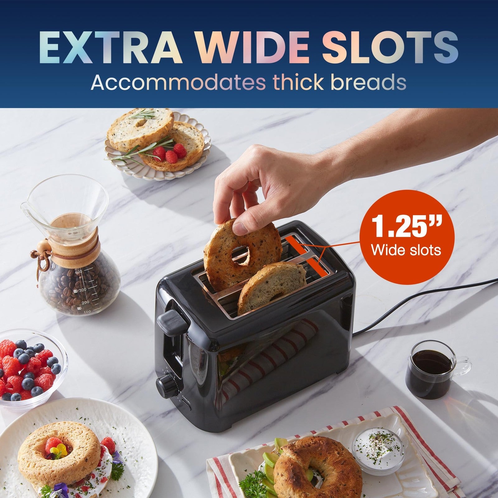 Black 2 Slice Toaster w/ 6 Settings, Extra Wide Slots, ETL Certified