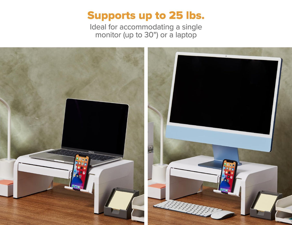 Adjustable Monitor Riser w/ Drawer, Phone Holder & Rubber Feet - White