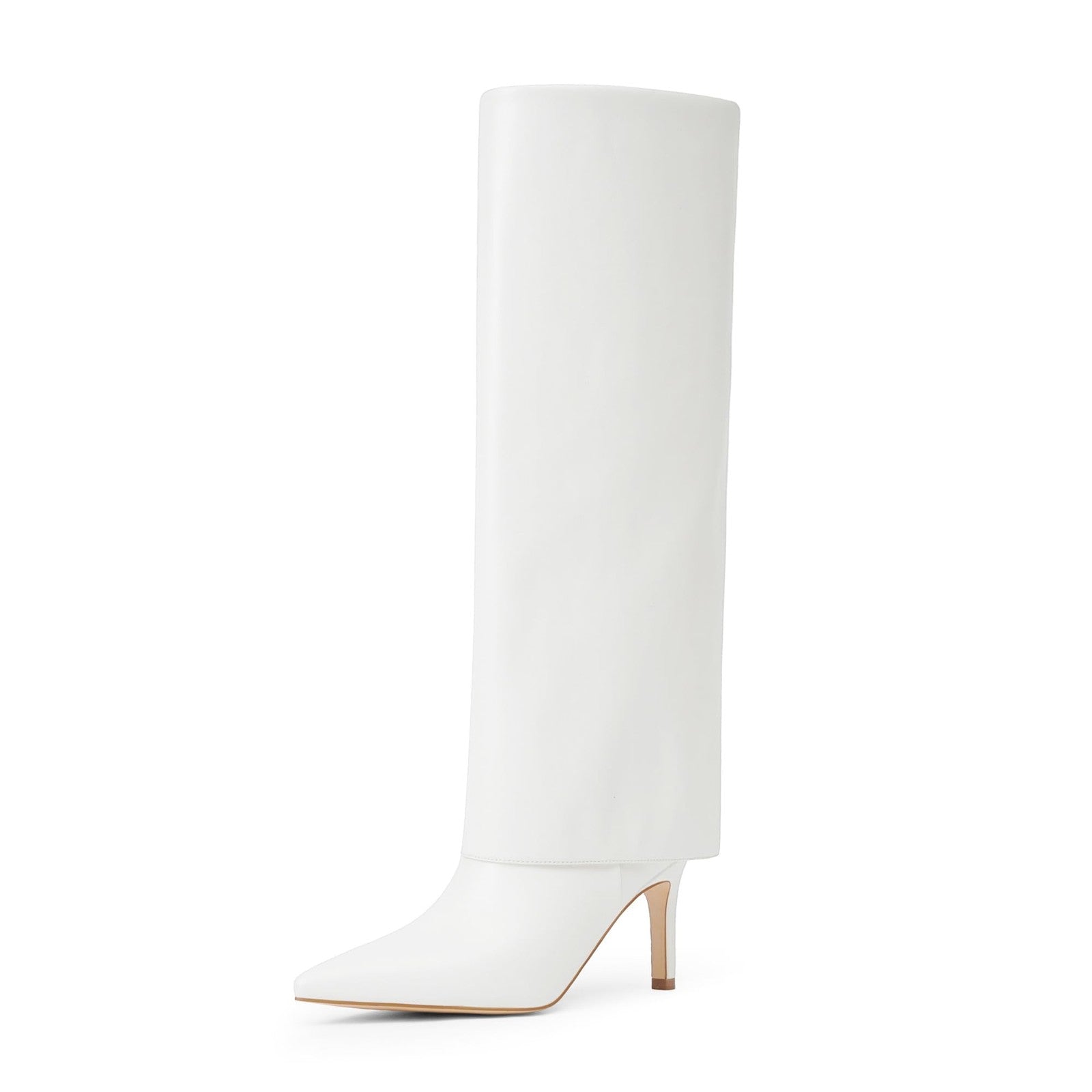 Women's White Fold Over Knee High Boots, Stiletto Heel, Size 8