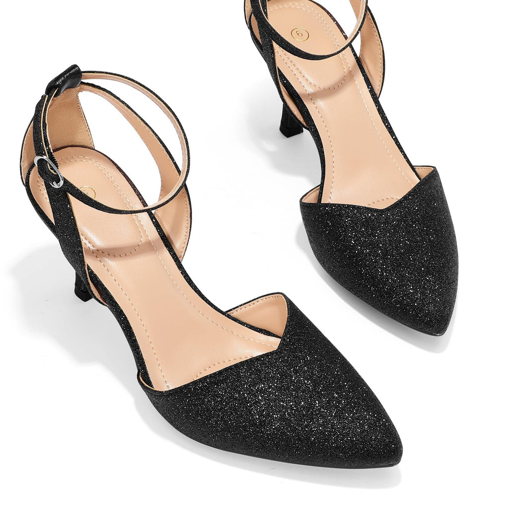 Size 7 Black Glitter Ankle Strap Kitten Heels, Pointed Toe