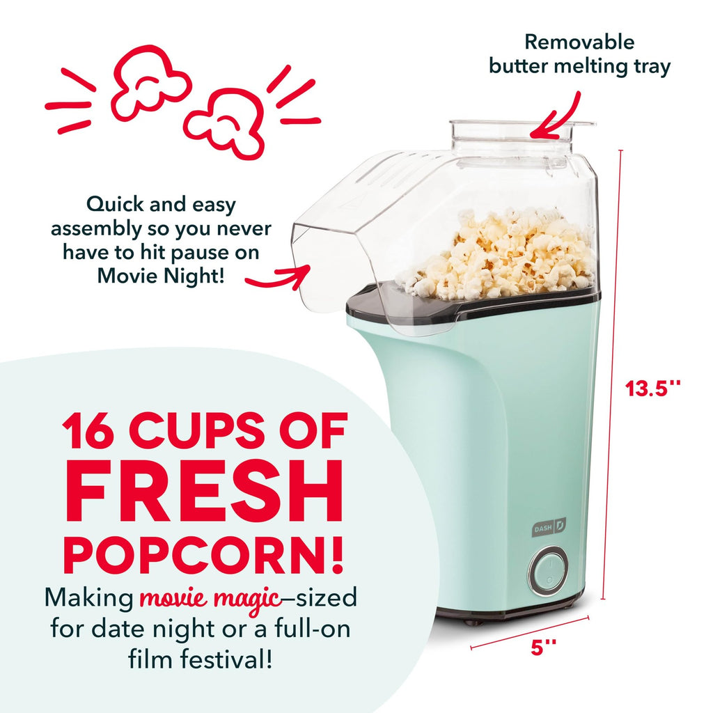 DASH Popcorn Maker 16 Cups Aqua Hot Air Popping Machine w/ Measuring Cup