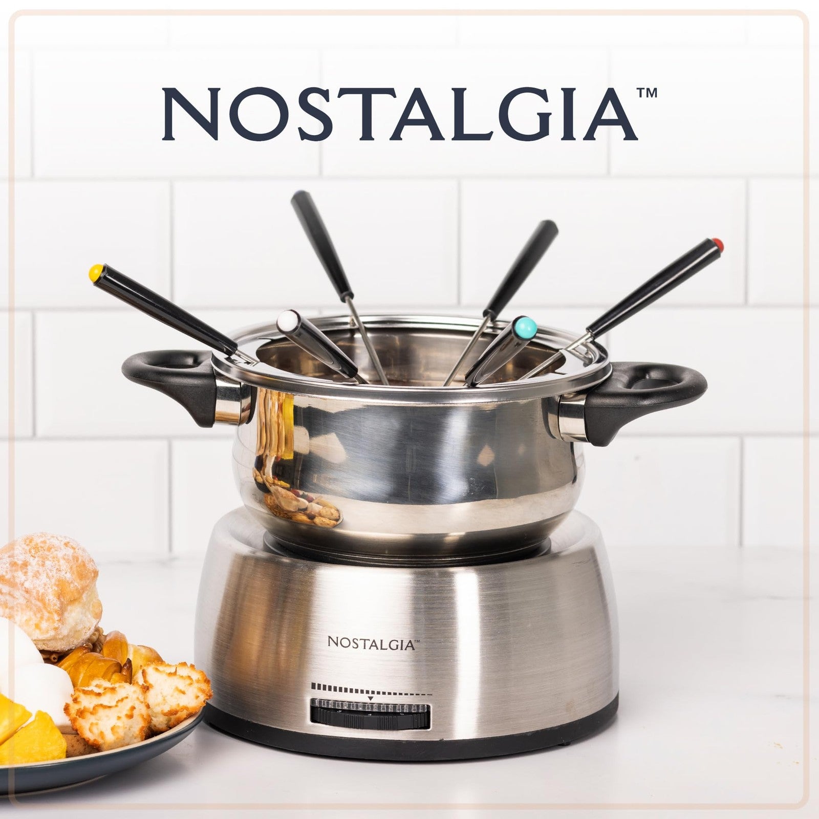 Nostalgia 6-Cup Electric Fondue Pot Set w/ Color-Coded Forks, Stainless Steel