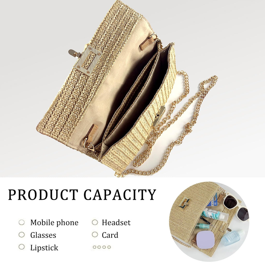 Khaki Straw Clutch Purse 10.2x5.9in Woven Beach Bag w/ Strap